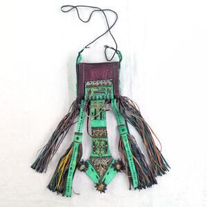 Tuareg Handmade Fringe Leather Festival Tribal Pouch Burgundy / Teal